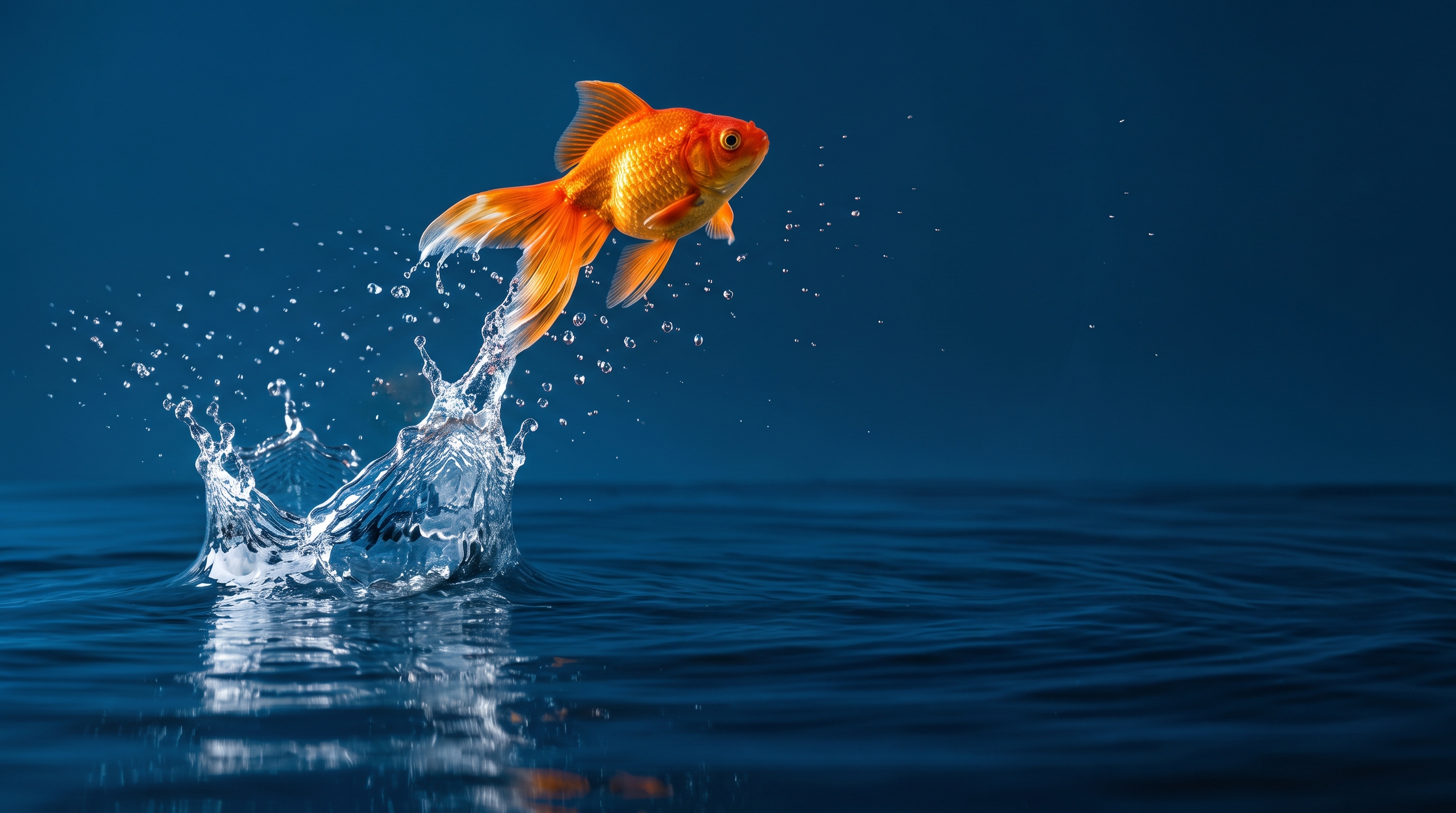 Pez naranja que sale del agua sobre un mar azul oscuro